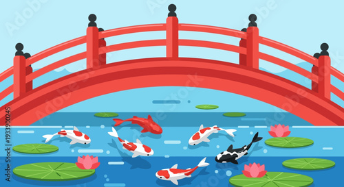 Japanese Koi Fish Swimming Under Red Bridge, Zen Garden Pond