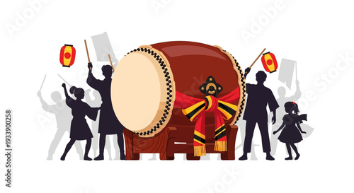 Japanese festival drum performance with dancers and lanterns