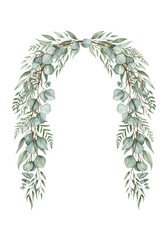 hand-painted watercolor illustration of detailed eucalyptus and fern foliage in sage and mint tones, forming an elegant u-shaped border on brilliant white background, top-down flat lay. Concept for