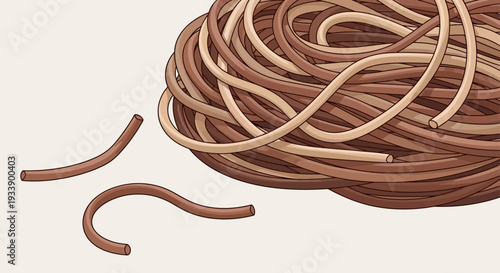 Tangled brown yarn ball with loose strands, craft concept