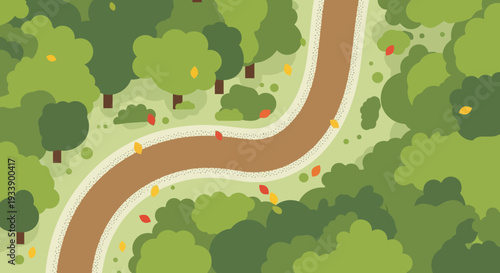 Top view of a winding park path through lush green trees