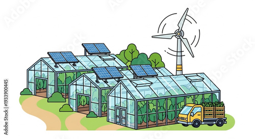 Greenhouse farm with solar panels and wind turbine illustration.