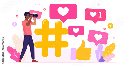 Flat Vector Illustration of Young Man Taking Photos – Digital Environment with Social Media Symbols and Online Sharing Concept