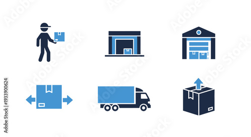 Logistics and delivery icons depicting warehousing transport and packaging