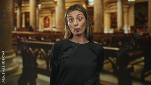 Photos Woman smiling with puckered lips and warm expression inside a historic church building; playful reflection
