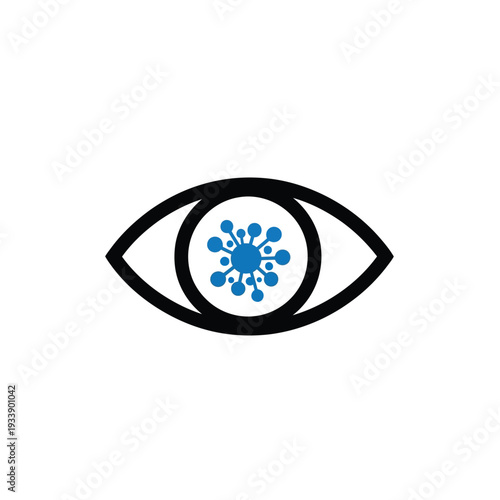 Vector illustration depicting a microscopic virus or bacteria affecting the human eye, symbolizing an ocular infection, disease, or a health threat to vision