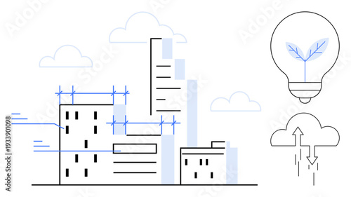 Sustainable development. Modern cityscape integrating green energy and cloud technology. Sustainable energy empowering smarter cities and eco-friendly innovations. For urban planning, energy