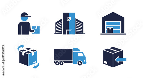 Logistics and delivery icons depicting shipping warehousing and transport