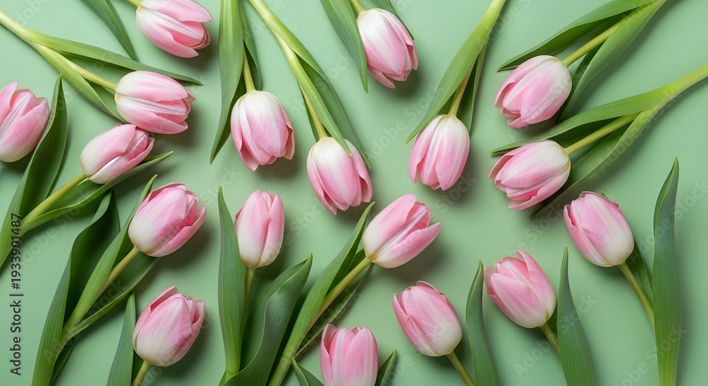 Obraz premium A beautiful arrangement of pink tulips on a light green background showcasing their delicate petals and vibrant colors in a stunning floral display