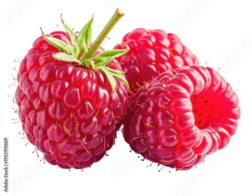 Three vibrant red raspberries with green stems on a transparent background