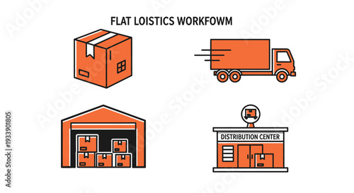 Flat logistics workflow illustration featuring boxes trucks and warehouses