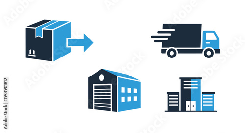 Delivery process illustrated with icons box truck warehouse and building