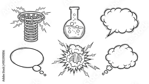 Science and Thought: An artistic ensemble of scientific elements combined with thought bubbles