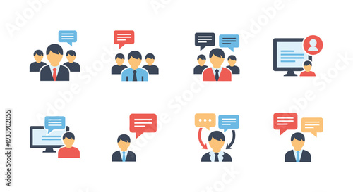 Communication and collaboration icons depicting people speech bubbles and devices