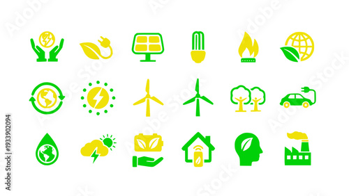 Green vector icons showing solar power, wind energy, electric cars, eco home, and sustainable living themes.