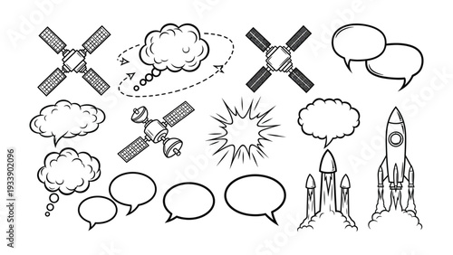 Space and Communication Icons: An illustrative collection of space-themed icons, featuring a satellite, rocket ship, and various speech bubbles for textual content. 