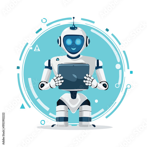 Modern robot character holding digital tablet device on white