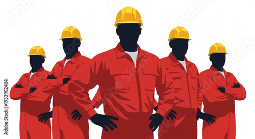 Group of Workers in Orange Jumpsuits and Hard Hats.