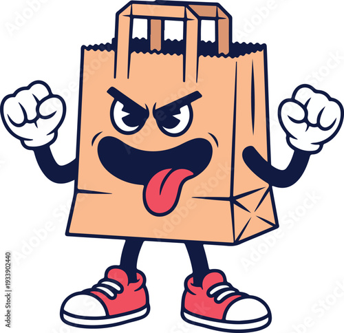 Furious Brown Paper Bag Character Raising Fists with Very Aggressive Expression