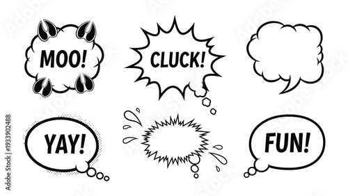 Comic Speech Bubbles: A collection of various cartoon speech bubbles featuring the word Moo!, Cluck!, Yay!, Fun! and other forms for expressing an idea or for communication. 