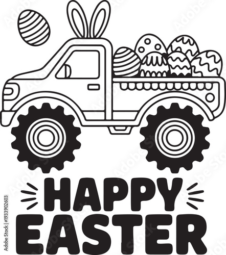 Happy Easter Pickup Truck Outline with Bunny Ears and Decorated Eggs