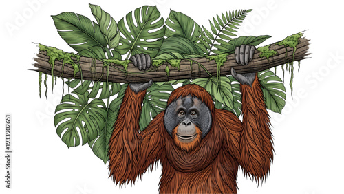 Orangutan holding tree branch with lush green leaves