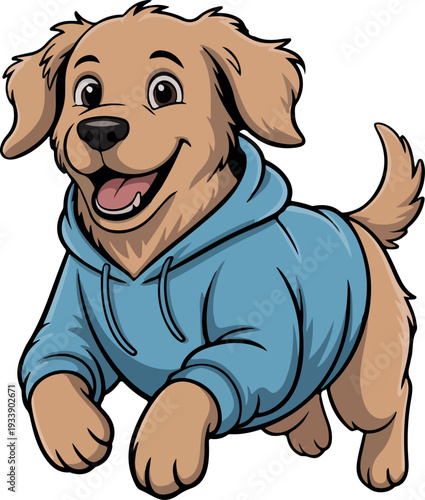 Happy Golden Retriever Puppy Wearing a Blue Hoodie Running and Smiling Joyfully