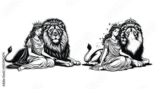 Elegant lioness and woman silhouette duo