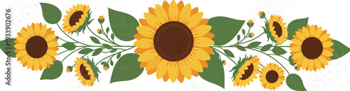A beautiful vector illustration of a bright yellow sunflower isolated on an abstract floral background featuring summer garden blossoms, green leaves, and petals in a nature-inspired agriculture field