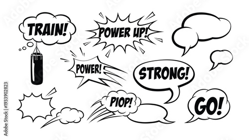 Comic Book Elements: A vibrant collection of comic book style speech bubbles and expressions, perfect for adding energy and impact to any project.