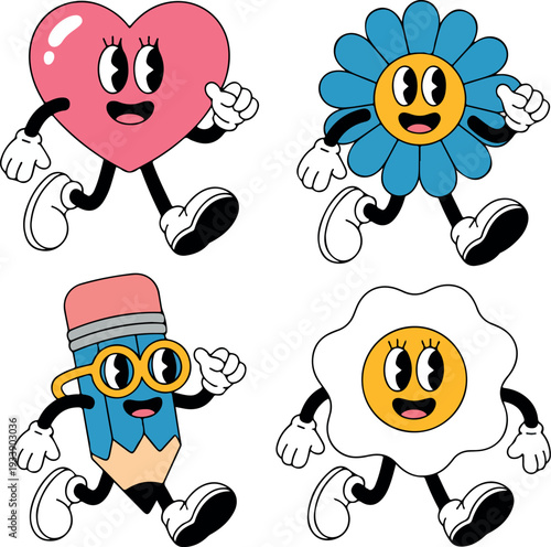 Playful Animated Characters Including Heart Flower Pencil and Fried Egg Running Happily