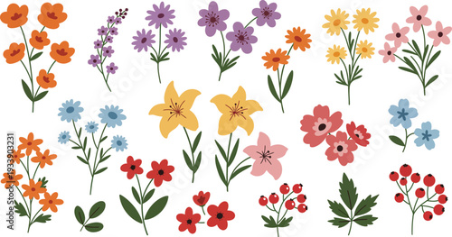 Seamless floral vector pattern featuring a set of colorful spring flowers and pink blossoms for a nature-inspired summer garden ornament design
