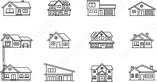 Twelve line art house icons showcasing diverse architectural styles home building