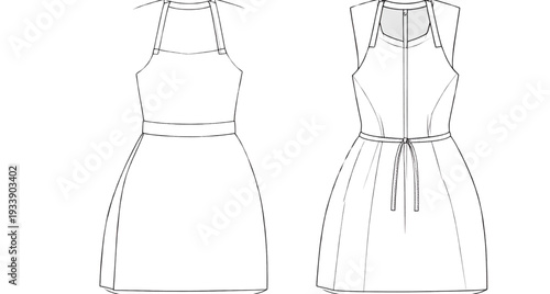 Women’s Blouse Front and Back Flat Sketch – Square Neckline, Tie Detail, and Flared Sleeves Fashion Illustration