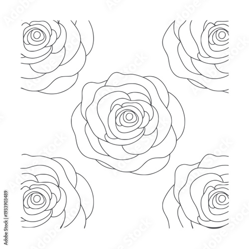 Black and white line pattern of five roses flower floral