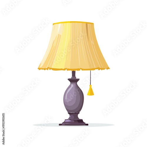 Cartoon lamp with yellow lampshade purple base and white background