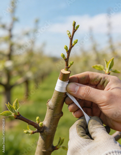 Farmer performing pear tree grafting in blooming orchard during spring, macro view of hands joining scion and rootstock for organic fruit cultivation and plant breeding.
