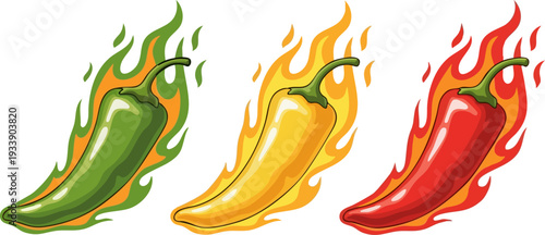 Set of 3 Flaming Chili Peppers Vector Illustration