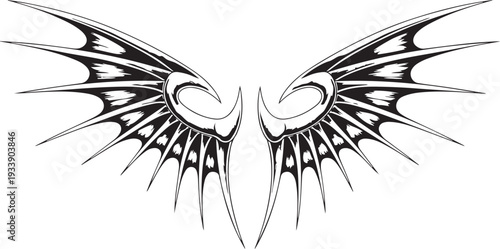 Symmetrical Tribal Wings Tattoo Design with Sharp Edges and Elegant Curves