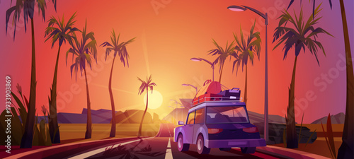 Tropical landscape with car with luggage at sunset