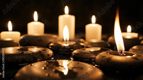 Serene spa ambiance with lit candles and wet stones creating a tranquil and relaxing atmosphere