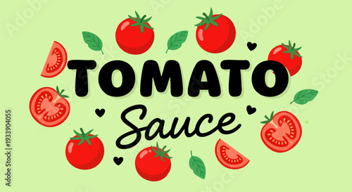 Tomato Sauce Text with Red Tomatoes and Green Leaves Vector Illustration