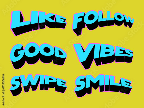 Retro 3D Social Media Text Set with Bold Yellow Typography
