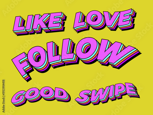 Retro 3D Social Media Text Set with Bold Yellow Typography