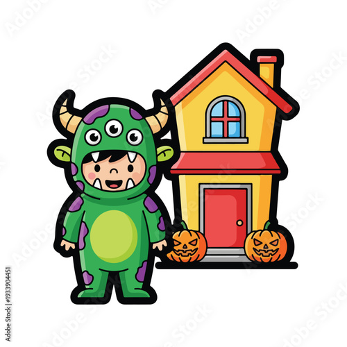 A young child in a green monster costume stands happily in front of a yellow house with carved pumpkins on a autumn day.