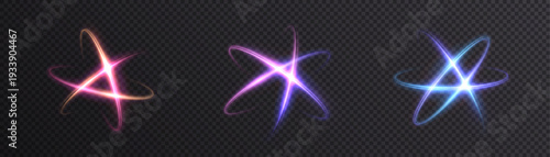 A set of glowing starbursts with rotating light rings, creating an abstract atomic shimmer effect. Vector illustration