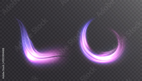 Purple glow effect with glitter magic energy. Magical design for fairy tale illustration. Vortex trail effect. Vector	
