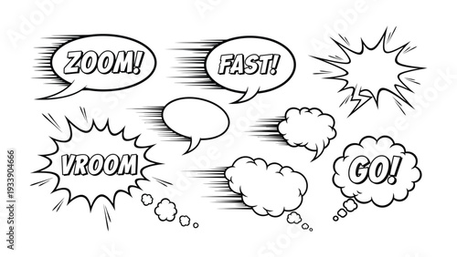 Comic Speech Bubbles: A collection of dynamic speech bubbles with various expressions and exclamations, adding a touch of comic book flair and visual storytelling