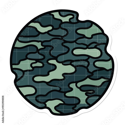A circular camouflage pattern sticker featuring irregular shapes and grid lines viewed from directly above in a graphic illustration style