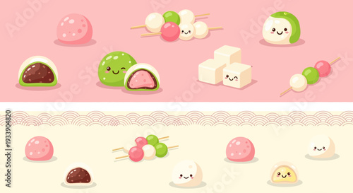 Cute Japanese Mochi and Dango Sweets Kawaii Illustration